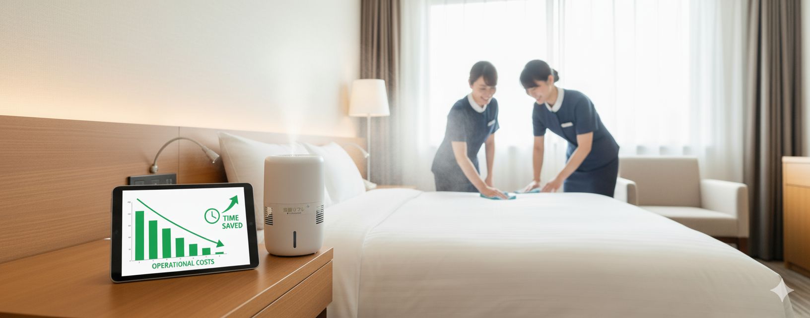 ホテルの客室でクリーンリフレを稼働させながら室内で清掃(次亜塩素酸水噴霧器)